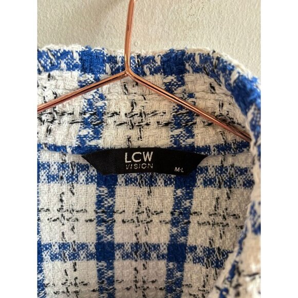 LCW Vision Womens Long Sleeve Button Down Shirt Jacket White Blue Plaid Sz M/L - Picture 9 of 10